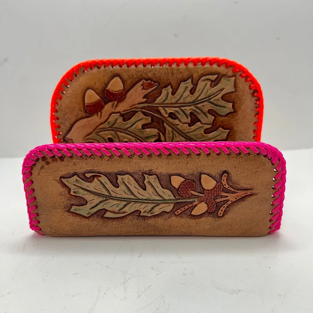 Vintage Hand Tooled Leather Napkin Holder Oak Maple Leaf Neon Whipstitch Rustic